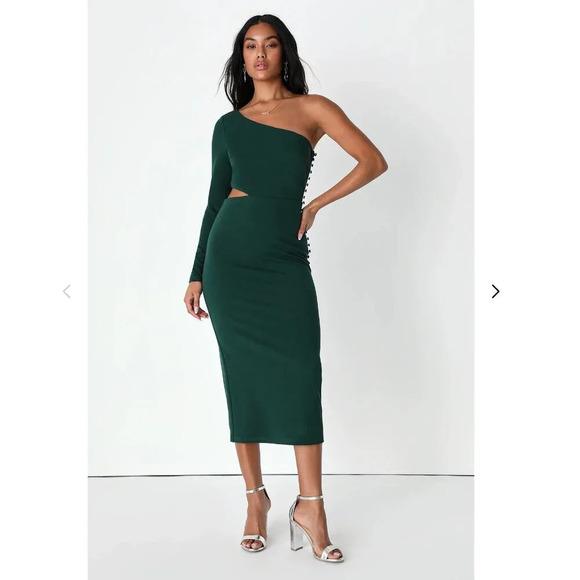 NWT Lulu's Truly Tempted Emerald Green One-Shoulder Cutout Midi Dress in Small - Picture 1 of 12
